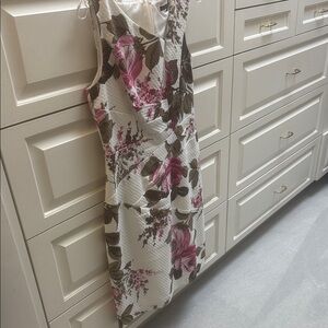 David Meister white pique dress with pink and green floral motif